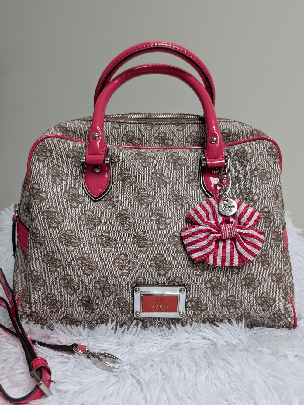 Guess Signature Monogram Dome Satchel - Pink Accent